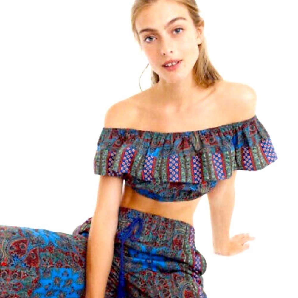 J Crew Paisley Crop off Shoulder Ruffle Top Cotton Size XS H2346 Stretch